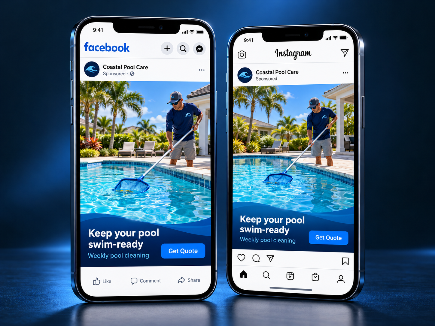 Pool cleaning offers shown in Facebook and Instagram ads with Get Quote buttons.