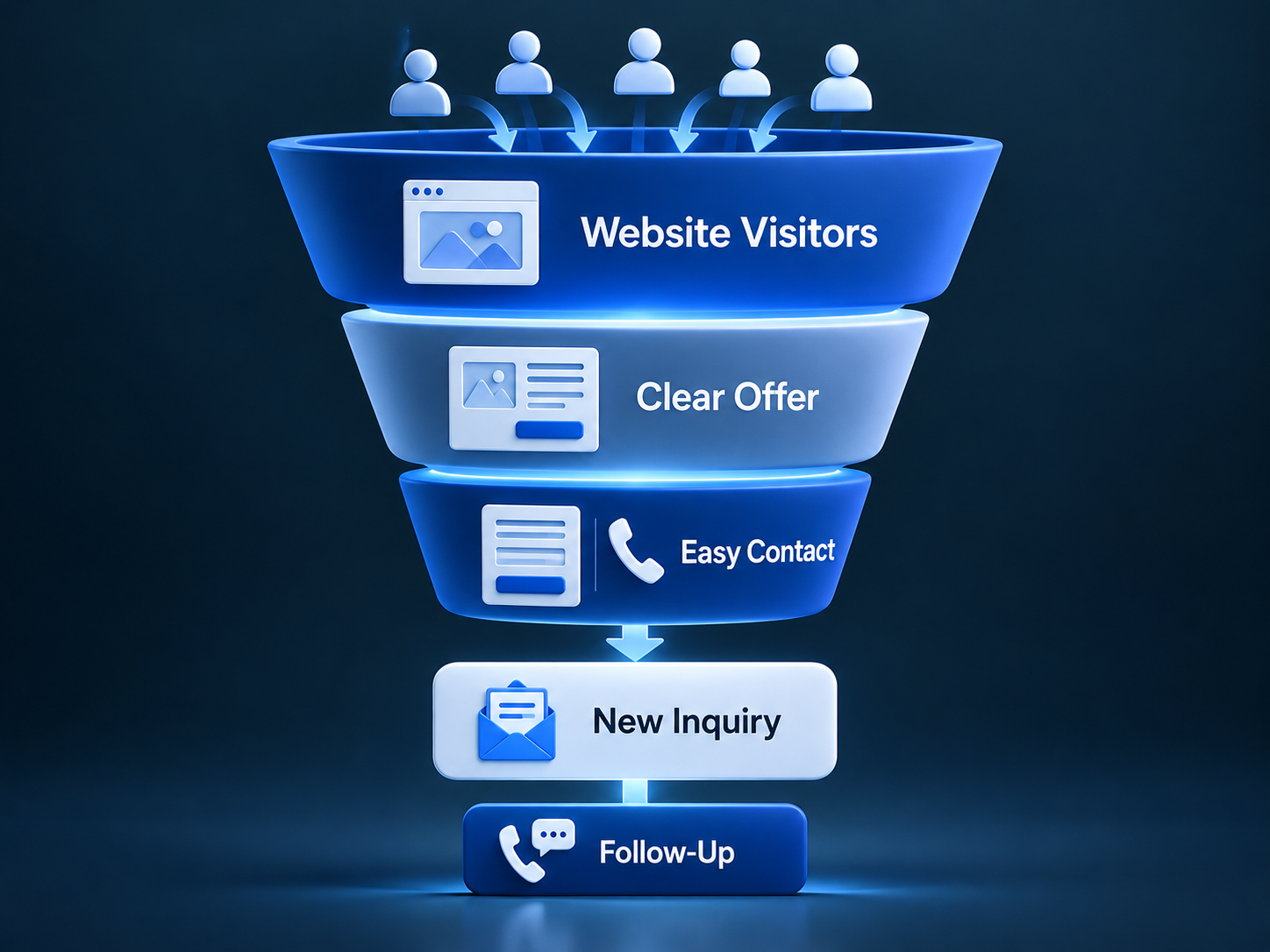 Website lead generation funnel showing visitors moving through a clear offer and easy contact steps to a new inquiry and follow-up.