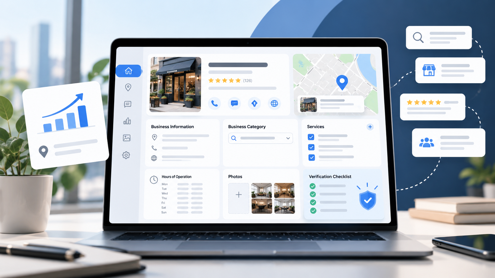 Illustration of a local business dashboard with services, hours, location settings, and verification checklist