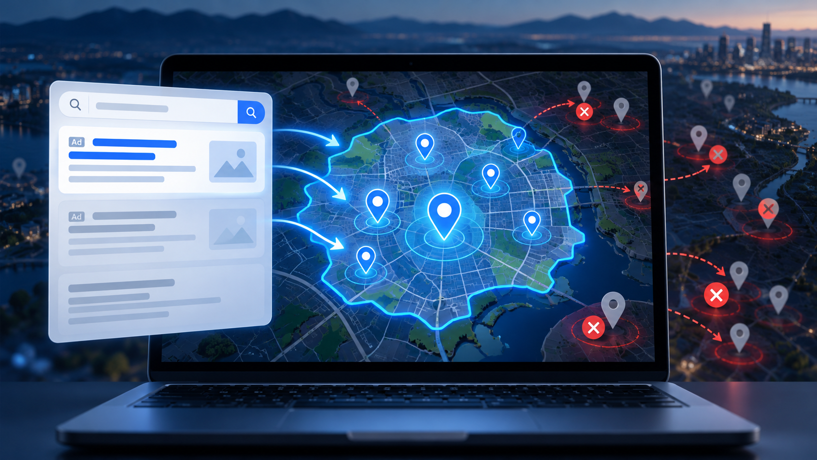 Google Ads location targeting showing a defined service area with targeted map pins and excluded locations to help businesses reach nearby customers.