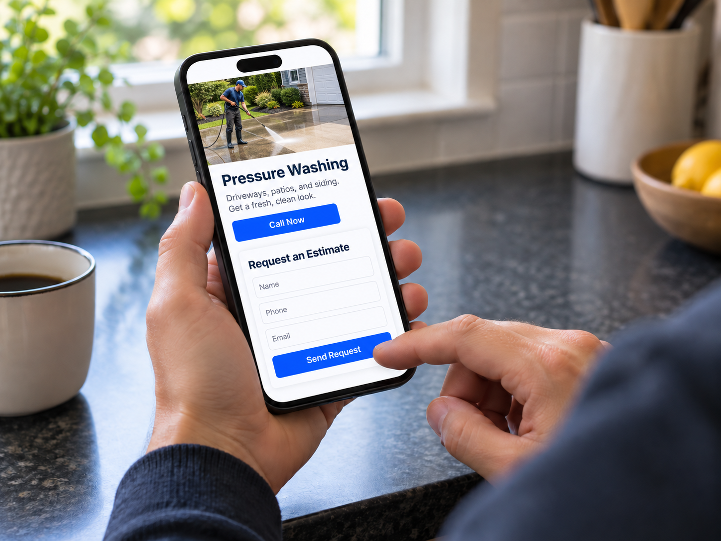 Landing page for Google Ads in Port Charlotte, showing a pressure washing service, call button, and estimate request form on a phone.