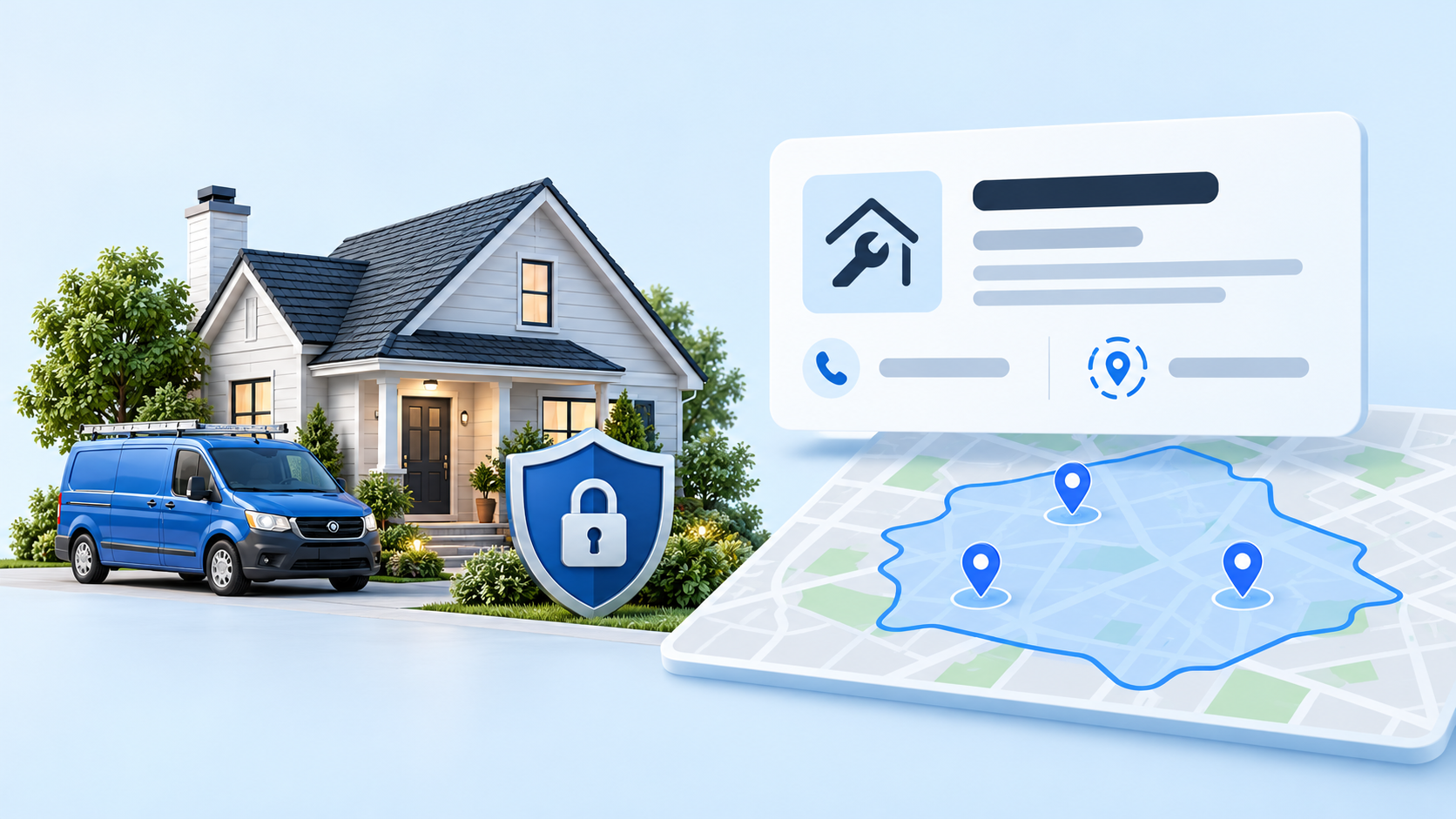 Illustration of a home and service van beside a privacy shield and service-area map, representing a Google Business Profile without address shown publicly