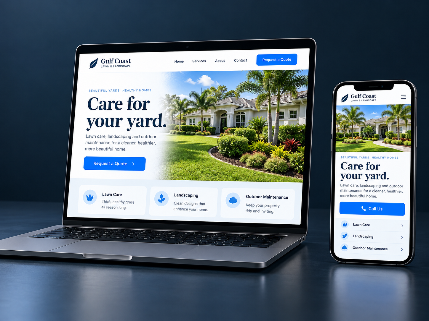 Landscaping website on a laptop and phone, showing clear services and contact buttons.
