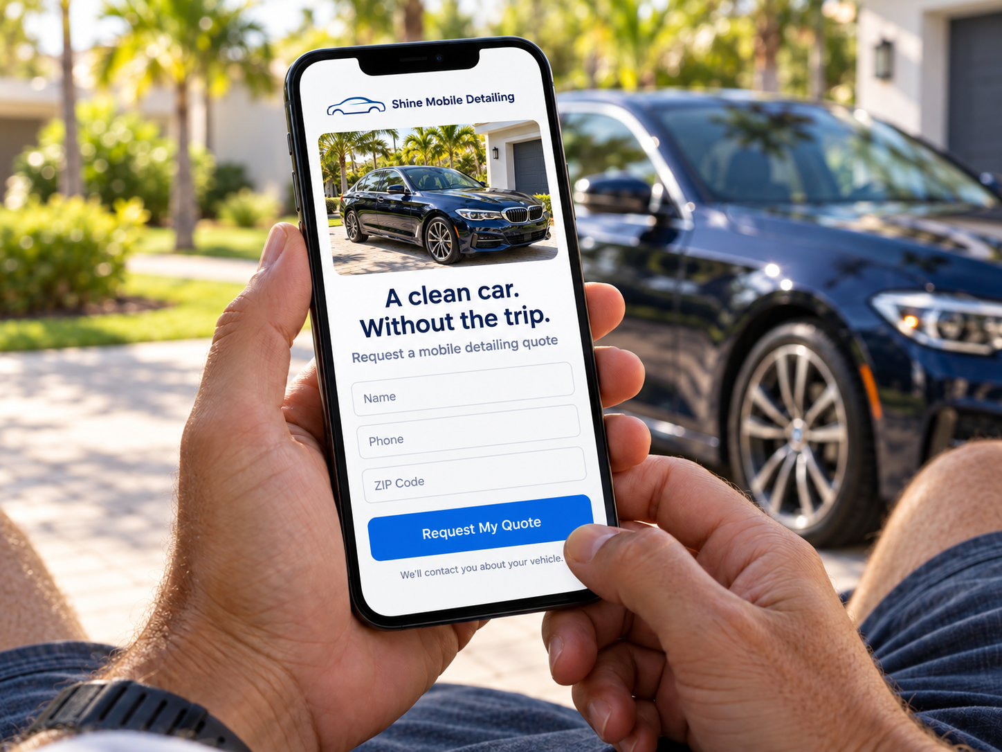 Person viewing a mobile auto detailing quote request form on a phone beside a car.