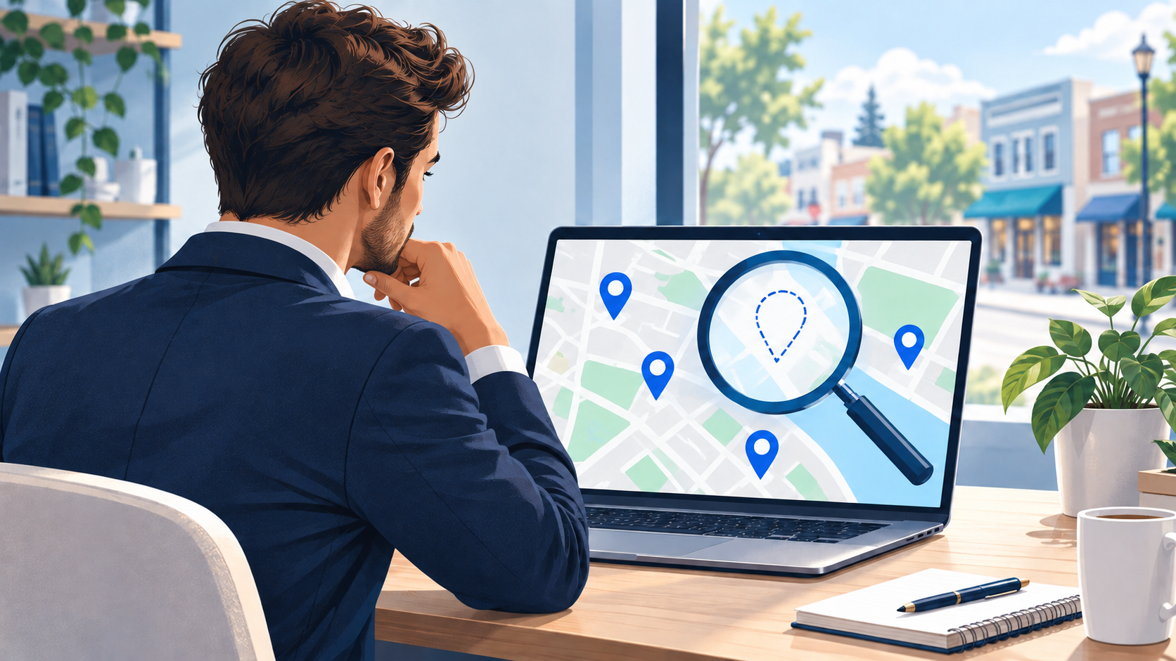 Illustration of a man in a navy suit viewing a laptop map, with a magnifying glass highlighting a missing business location pin.