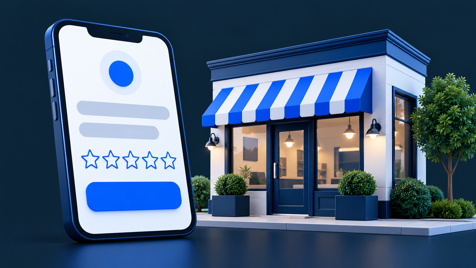 Illustration of a customer review request on a smartphone beside a local business.