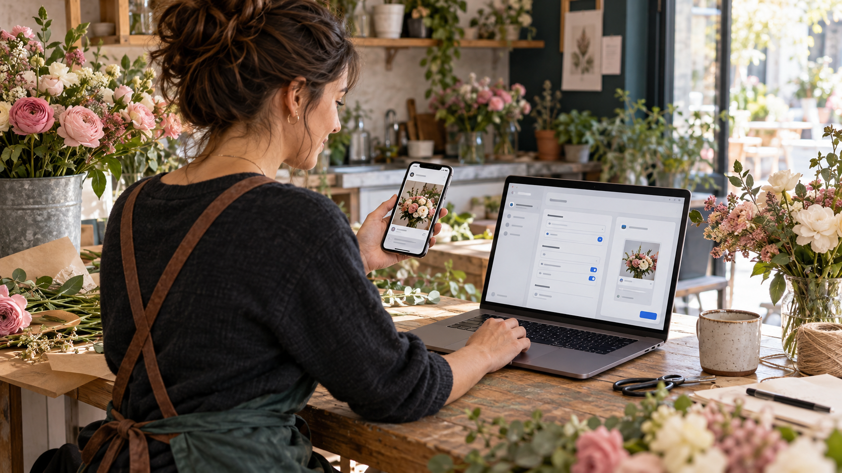 Facebook ads vs boosted posts planning with a local shop owner comparing social media campaign choices on laptop and phone.