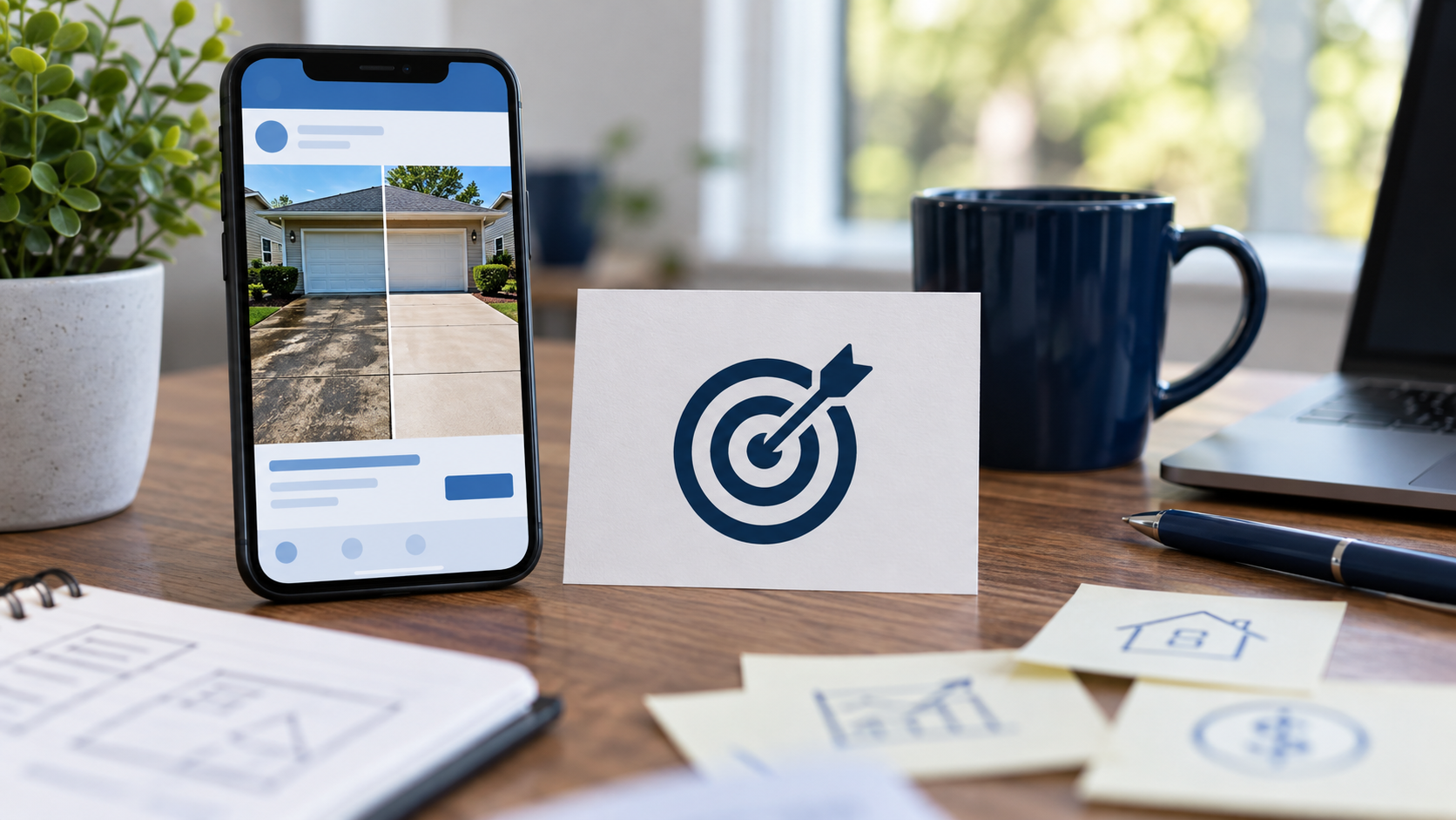 Facebook and Instagram ad creative concept with a driveway cleaning ad on a phone beside a single target symbol.