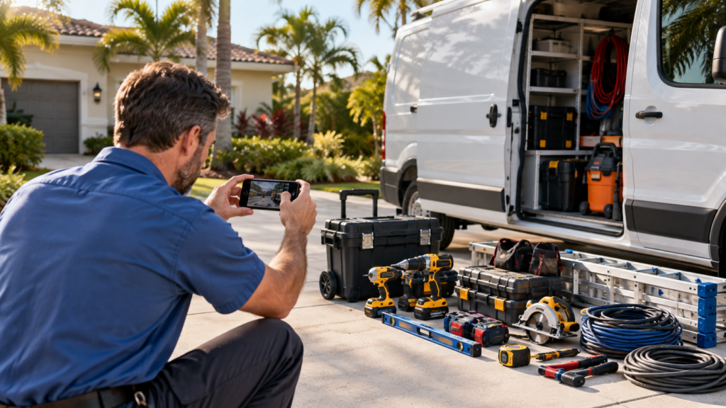 Illustrative scene for Google Business Profile photos showing a service business owner photographing tools beside a van.