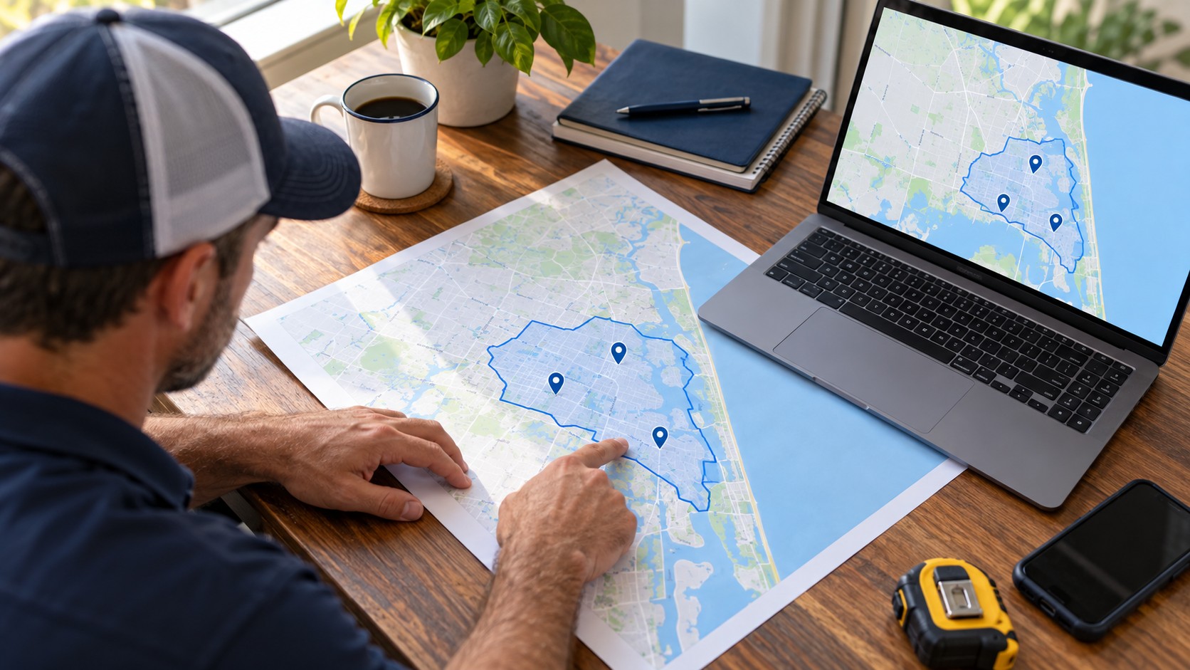 Business owner planning Google Business Profile service areas using a printed map and a laptop with a focused blue coverage boundary.