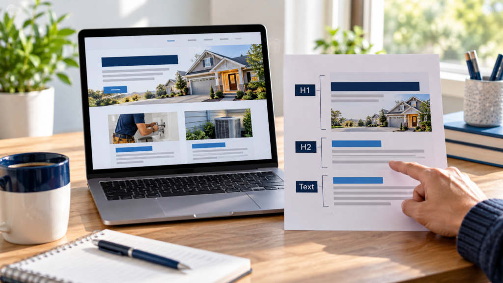 HTML headings and body text shown in a printed page outline beside a laptop displaying a service business website.