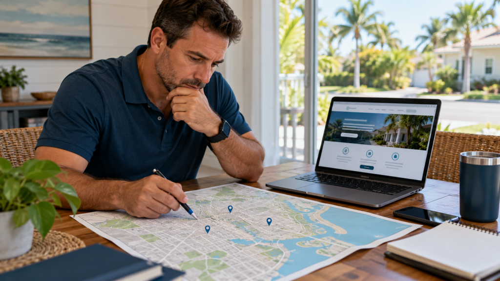 Illustrative local service pages planning with a neighborhood map, blue pins, and a service webpage on a laptop.
