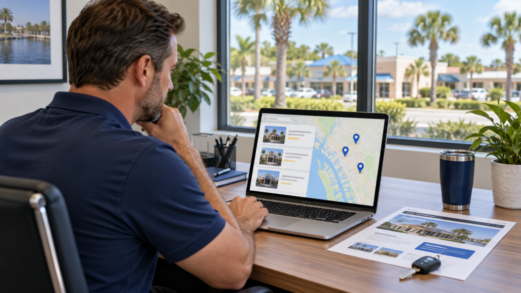 Business owner reviewing a local search map and website while planning SEO in Port Charlotte.