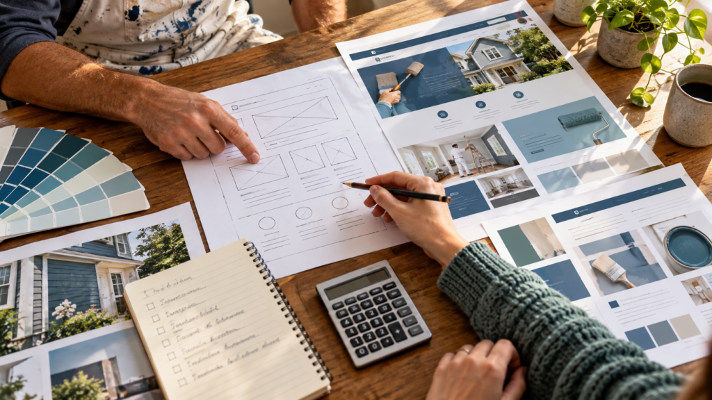 Small business website cost planning with a business owner reviewing page mockups and a written estimate at a desk.